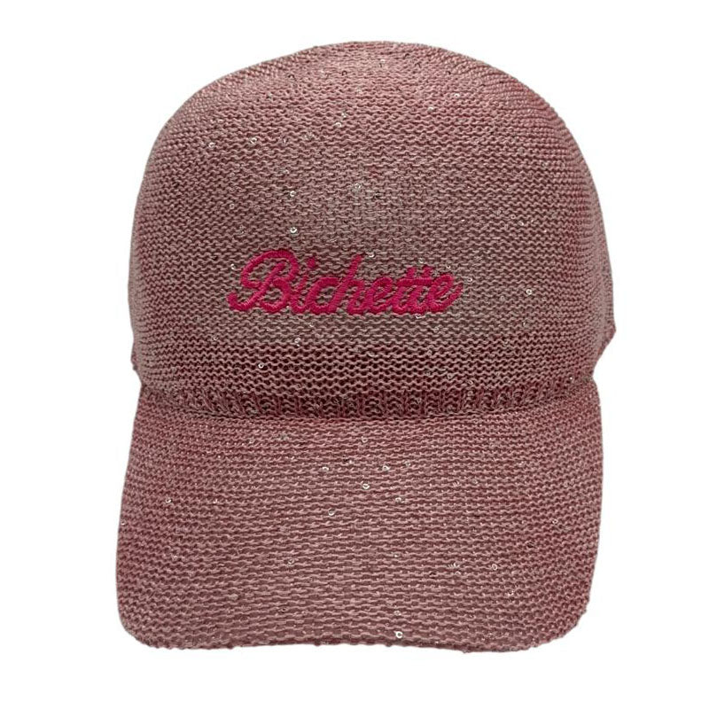 Casquette fantaisie pailletée - Broderie "Bichette" - Rose