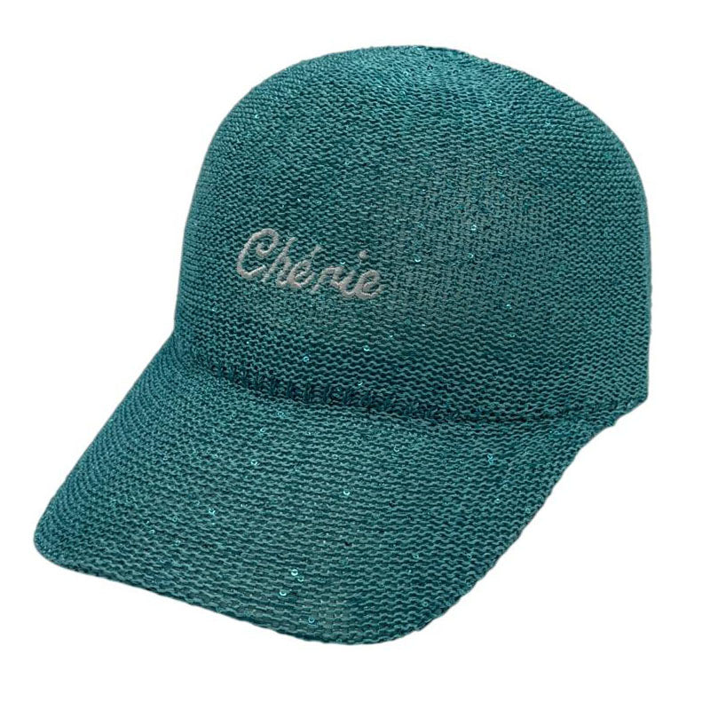 Casquette fantaisie pailletée - Broderie "Chérie" - Turquoise